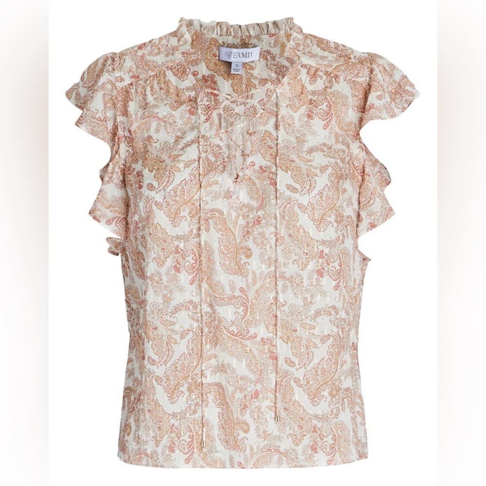 NWT Intermix Florance Flutter Sleeve Lace Up Blouse Pink Multi - S
